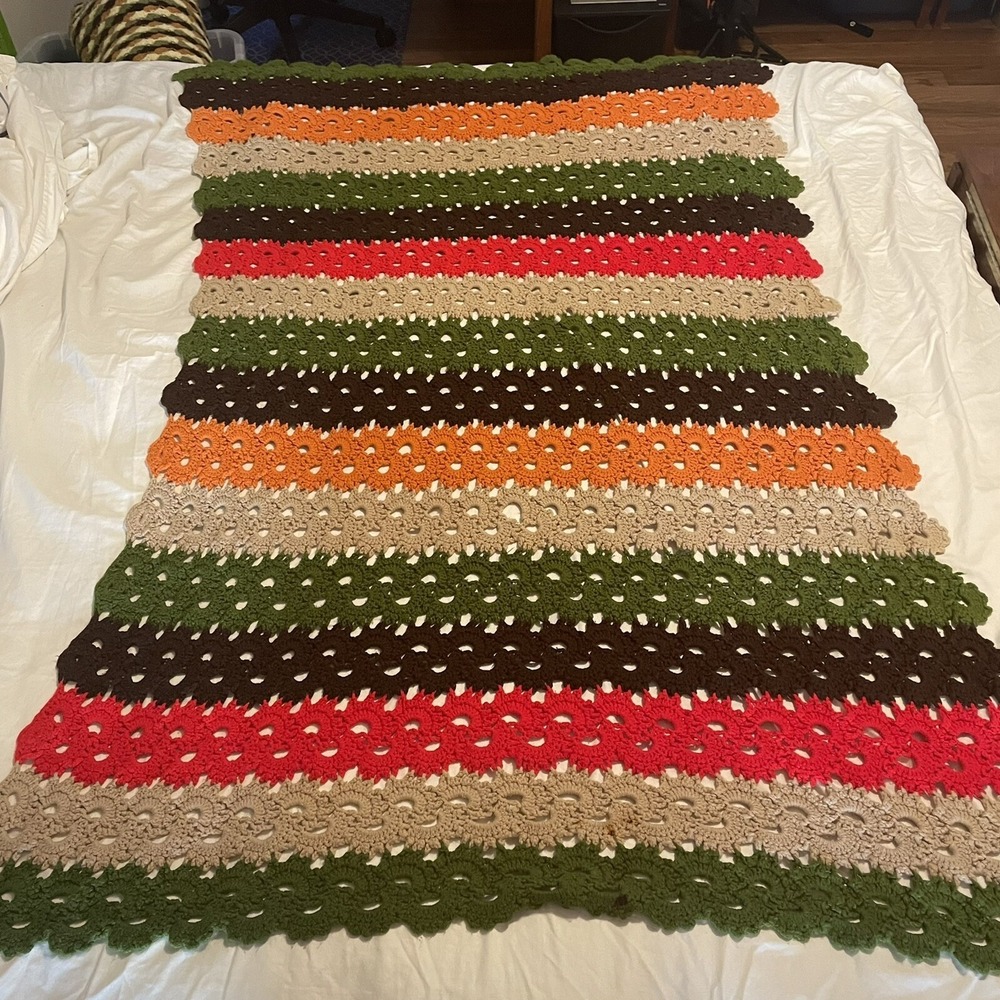 Vintage Handmade Crochet Afghan Blanket  Multicolor Stripes Earth Tones 68"x46"